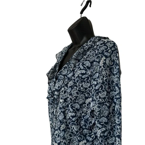 Chaps Denim Blue & White Paisley Ruffle Collar Lace-up neck 3/4 Sleeve Top Sz XL - Picture 7 of 9
